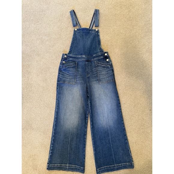 $168 NWT Evereve Ever Denim Overall Bluespark Size 32 Wide Leg Cropped Overalls - Picture 2 of 6